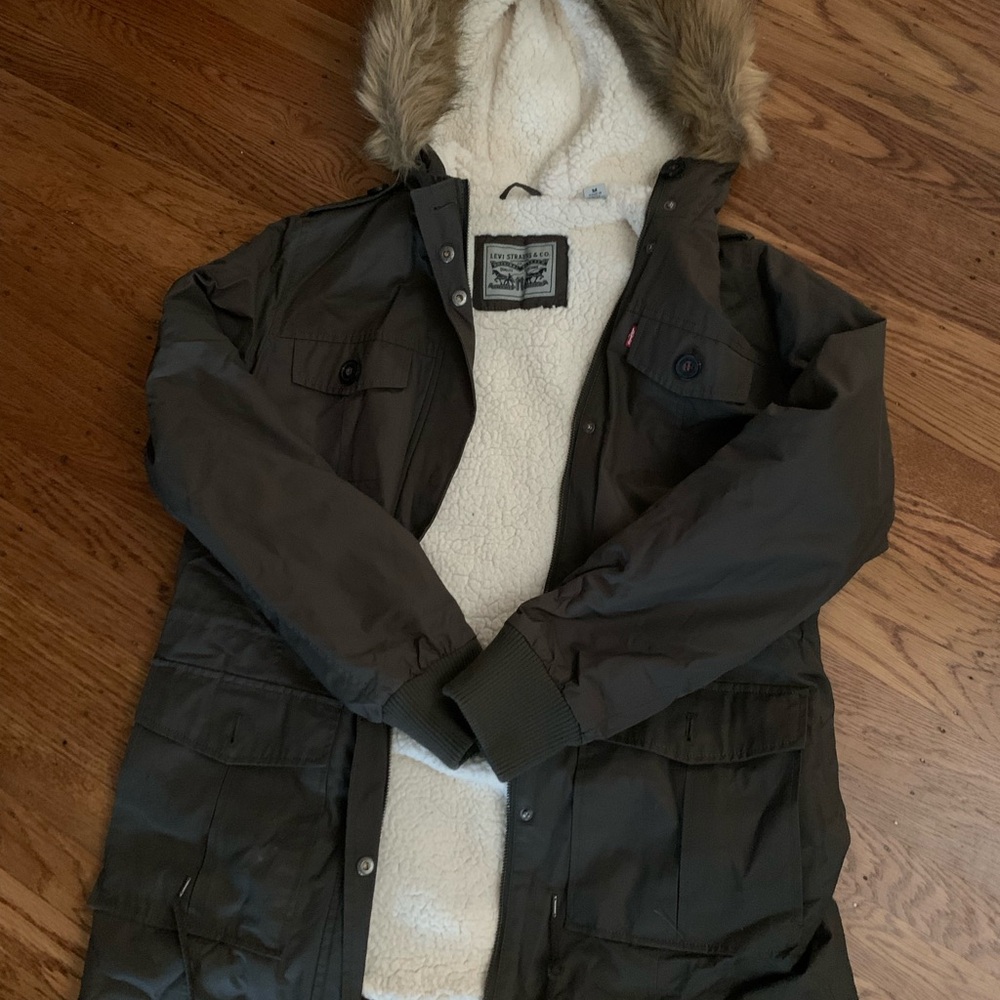 Levi's Green Military Field Jacket with Faux Fur Hood